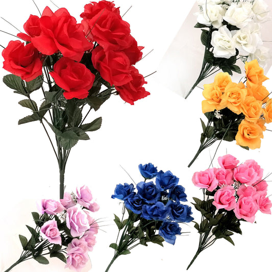 12 Heads Stems Artificial silk Flowers Open Rose Bunch